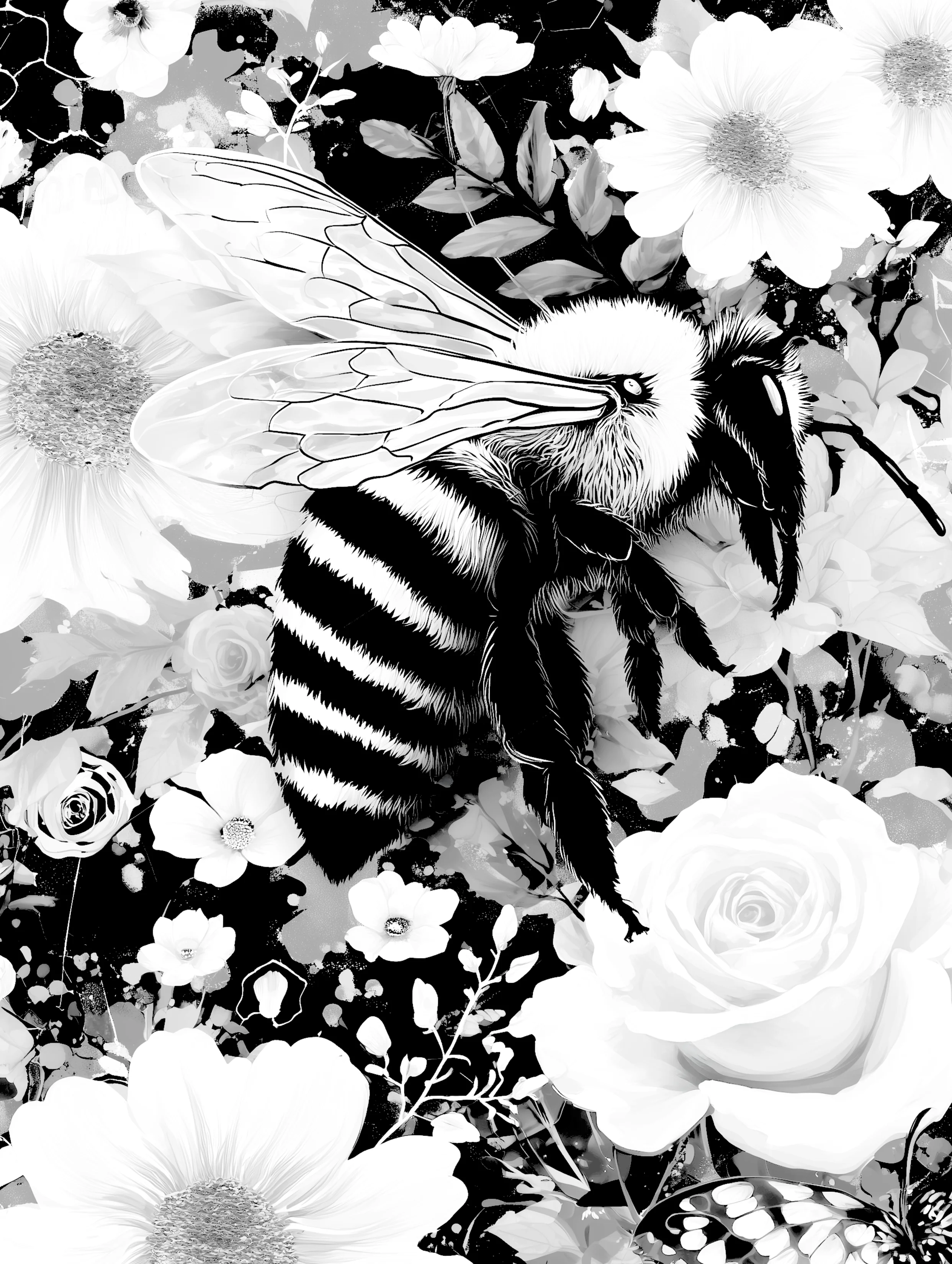 Free printable bee coloring page for adults featuring curled bee with flowers